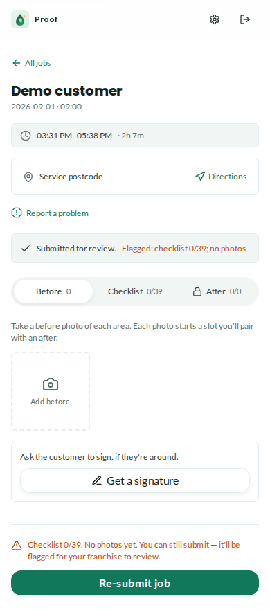 Cleaner mobile job screen with visit details and proof capture