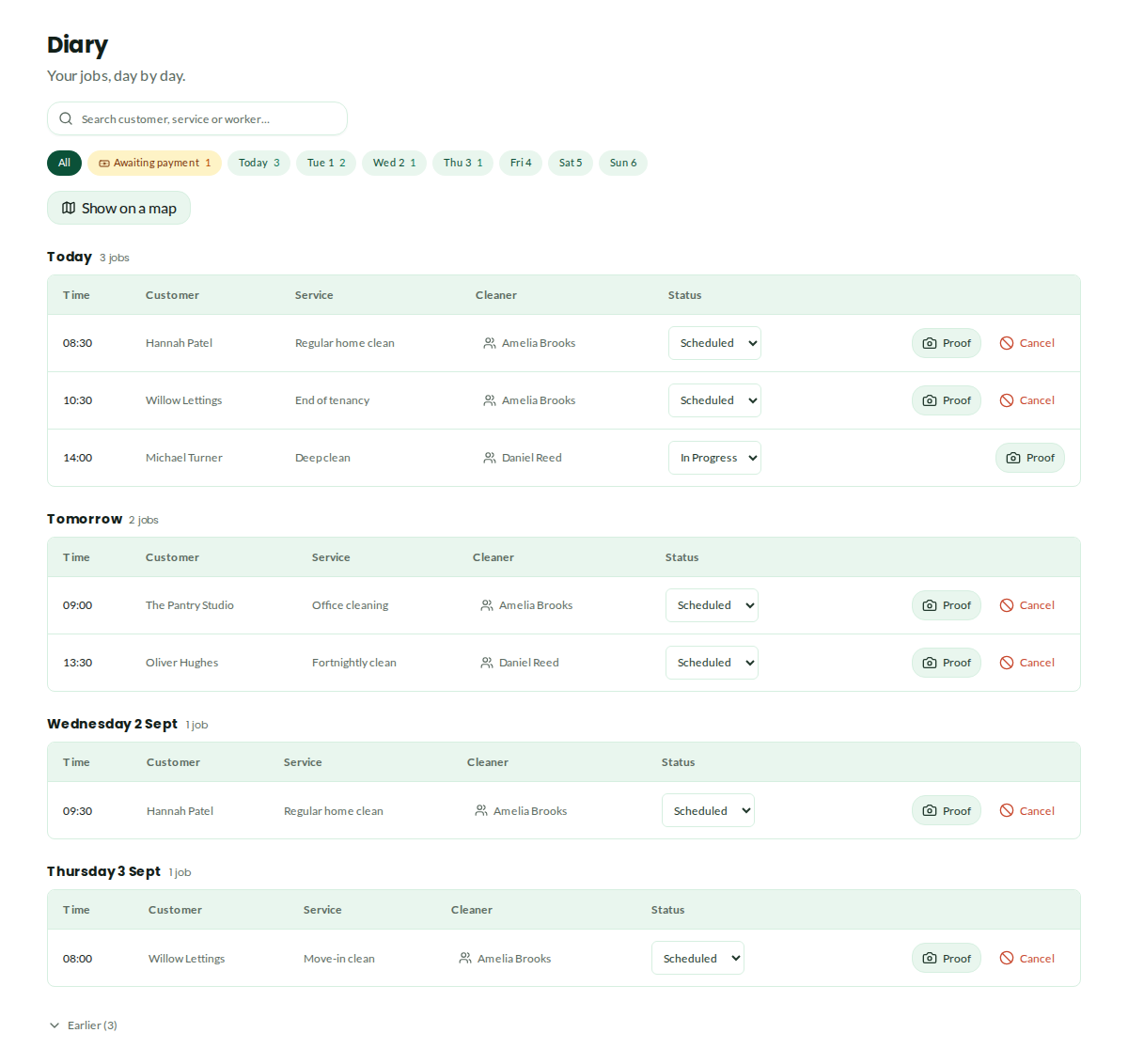 Jobberplace cleaning business diary showing real demonstration jobs, cleaners and status controls